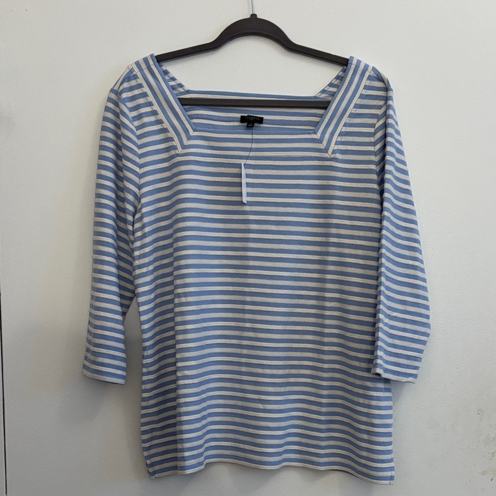 NWT Talbots Plus Blue and White Striped Top with Square Neckline and 3/4 Sleeves